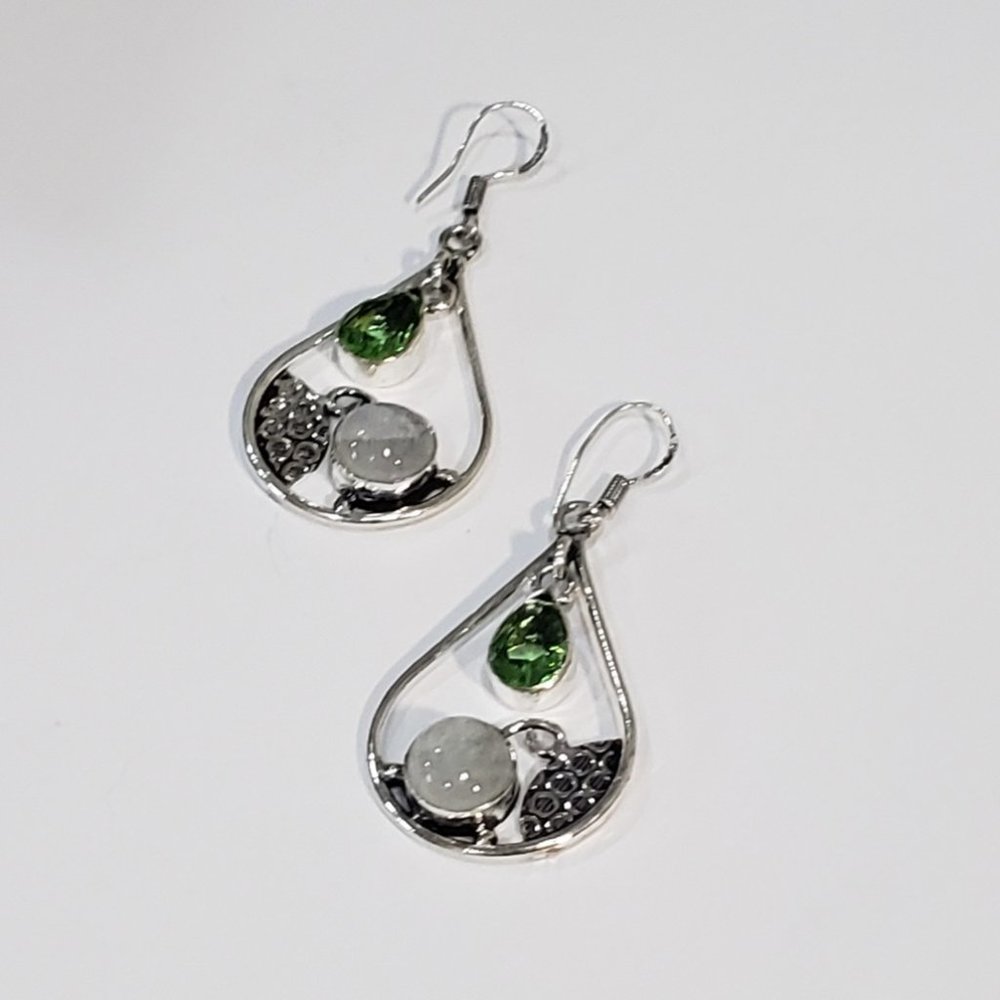 Peridot earrings, 925 silver rainbow moonstone peridot dangle earrings
